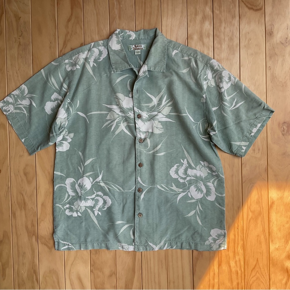 Vintage Tommy Bahama Shirt mens Large 100% Silk Floral Beige Island Tropical